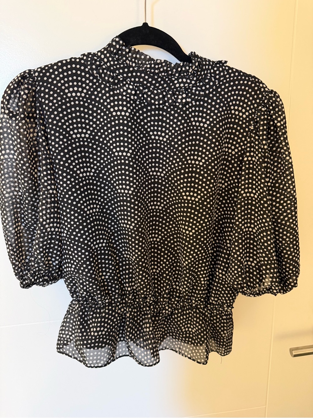 T Tahari Black & White Polka Dot Ruffle-Neck Blouse